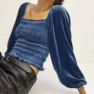Anthropologie Smocked Velvet Balloon Sleeve Top Size S Blue NWT $120 MSRP
